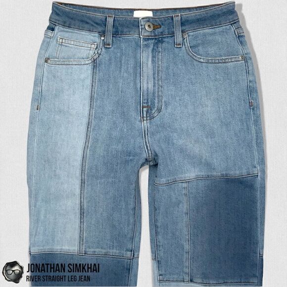 JONATHAN SIMKHAI RIVER STRAIGHT LEG DISTRESSED PATCHWORK JEANS IN INDIGO BLUE 27 - Picture 8 of 16